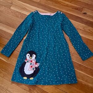 Mini Boden Girls’ 7-8Y Teal/White Dot Penguin Appliqué Dress